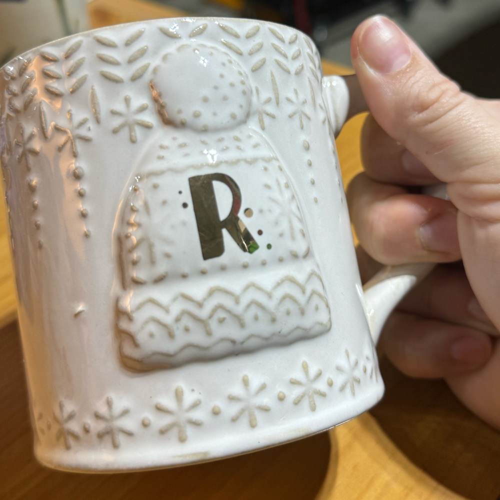 Anthropologie winter hat letter R monogram mug